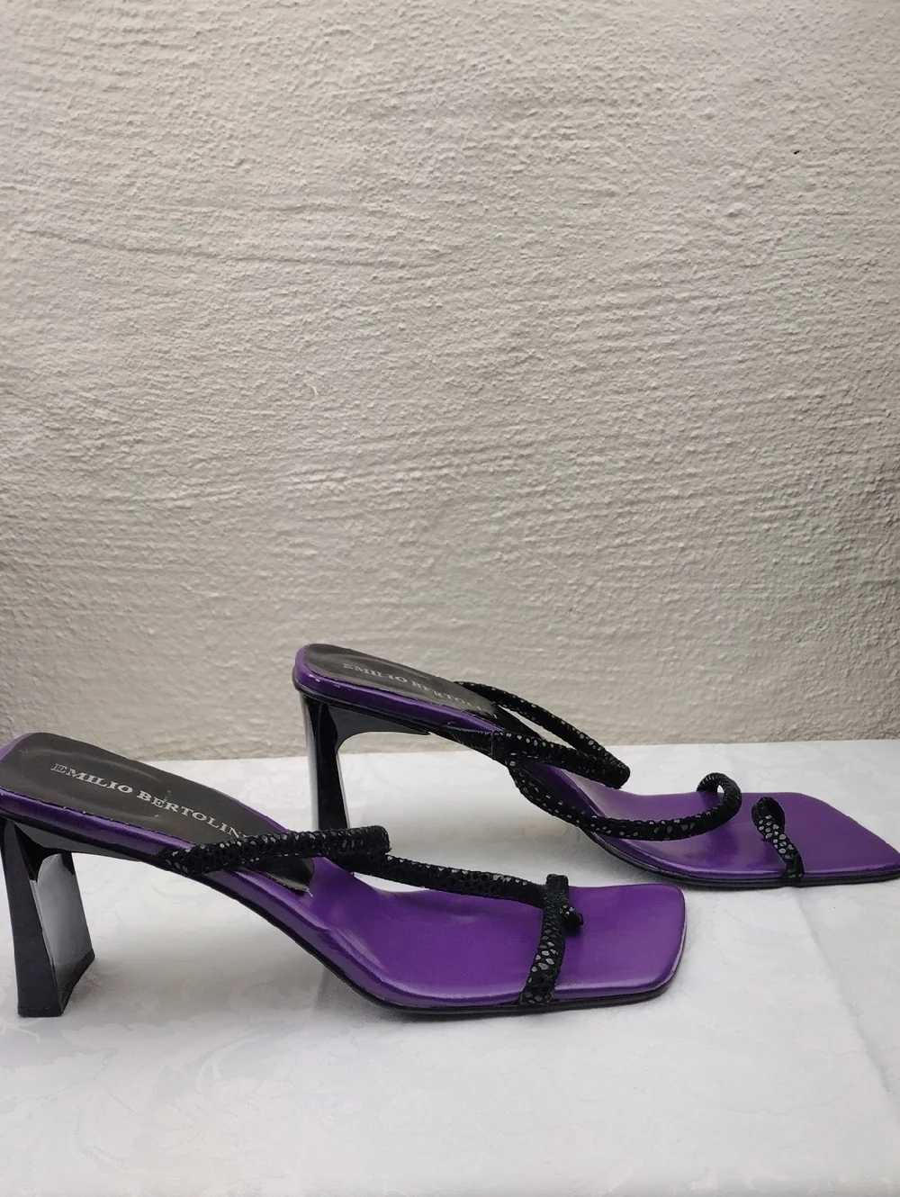 Emilio Bertolini Purple Leather Texture Strappy Square Toe Sculpt Heel Sandal